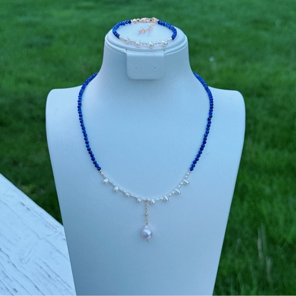 Jewelry - AM69 Handmade Freshwater Baroque Pearl Lapis Necklace Bracelet Set